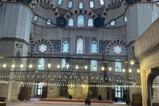 Sehzade Mosque interior dome and chandeliers